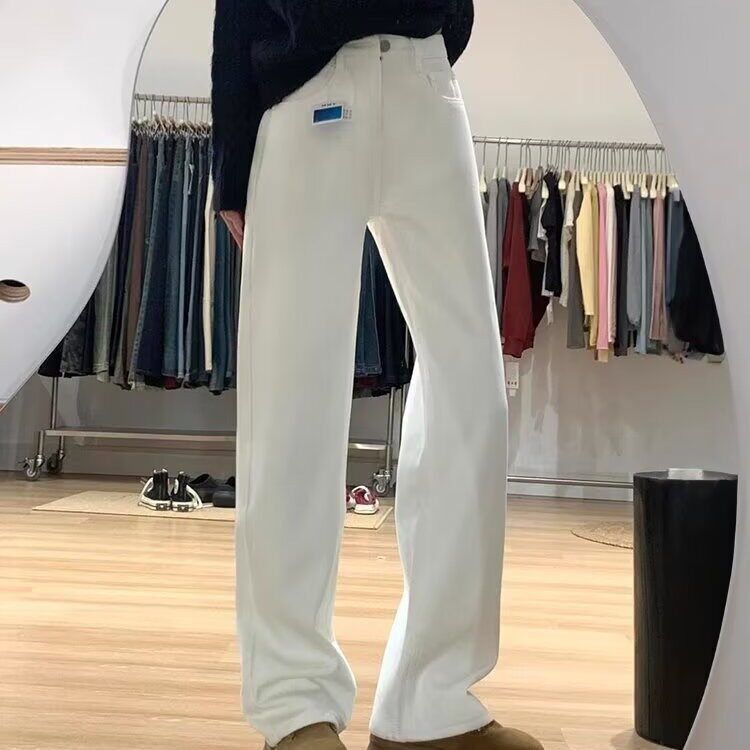 Velvet white straight leg jeans for women加绒白色牛仔裤女图片