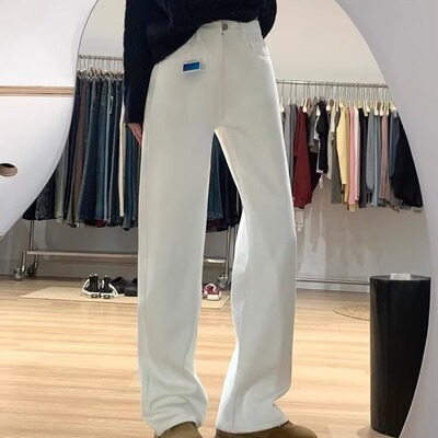 Velvet white straight leg jeans for women加绒白色牛仔裤女