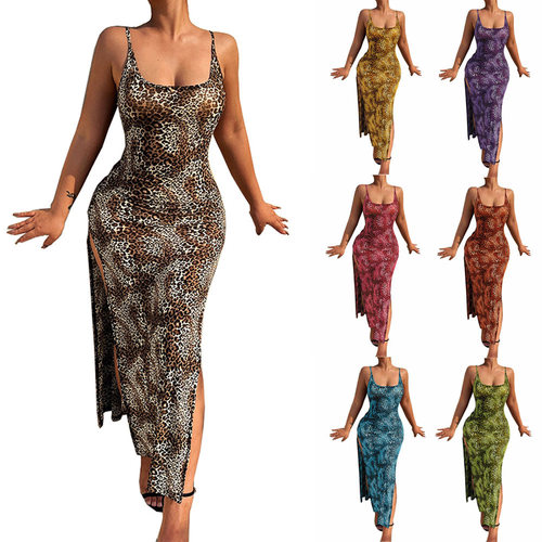 Leopard print dress women sexy printed suspender skirt连衣裙