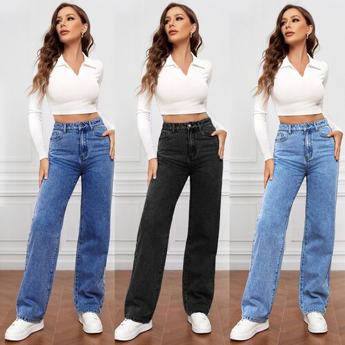高腰直筒牛仔长裤女式水洗浅色Straight leg jeans for women