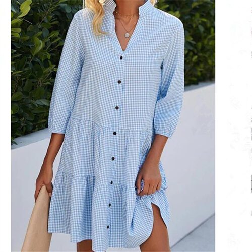 Women's five quarter sleeve checkered stand up collar shirt