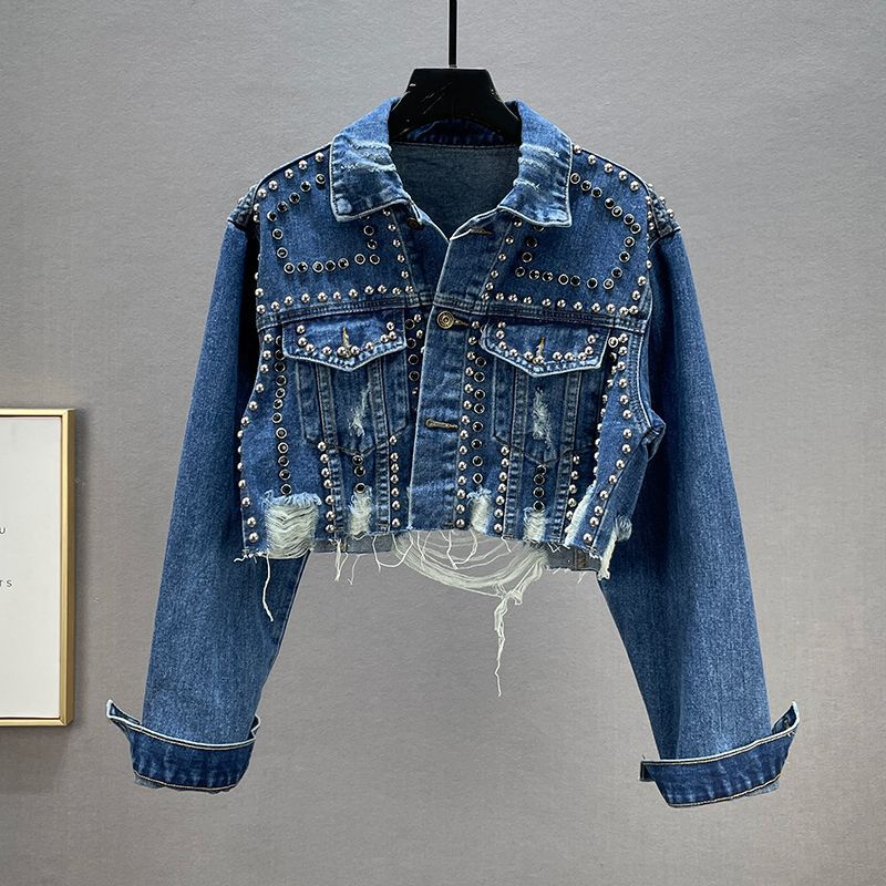 Women's rivet studded diamond denim jacket铆钉镶钻牛仔外套女