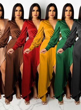 Women V-neck silk long dress女性感V领绸面纯色不规则长连衣裙