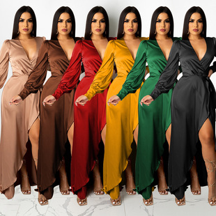 Women V-neck silk long dress女性感V领绸面纯色不规则长连衣裙