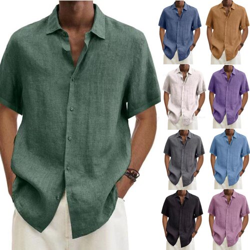 Summer V-neck button cotton linen men's short sleeved shirt