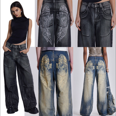 Washed distressed wing printed wide leg women's jeans