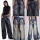 distressed wing wide Washed women printed leg jeans
