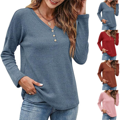 V-neck loose long sleeved T-shirt top for women's clothing
