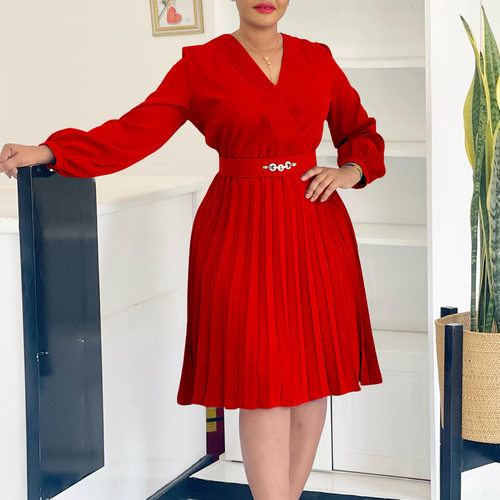 spring women dress ladies skirt春季V领时尚压褶高腰非洲连衣裙