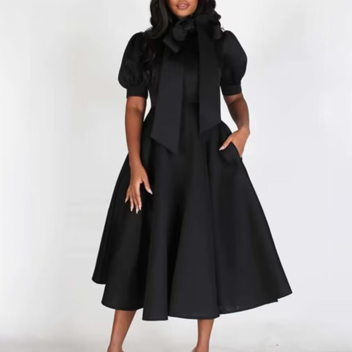 Temperament long dress 短袖系带蝴蝶结蓬蓬宴会礼服欧美连衣裙