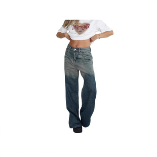 Women's low waisted jeans vintage distressed牛仔裤女复古做旧