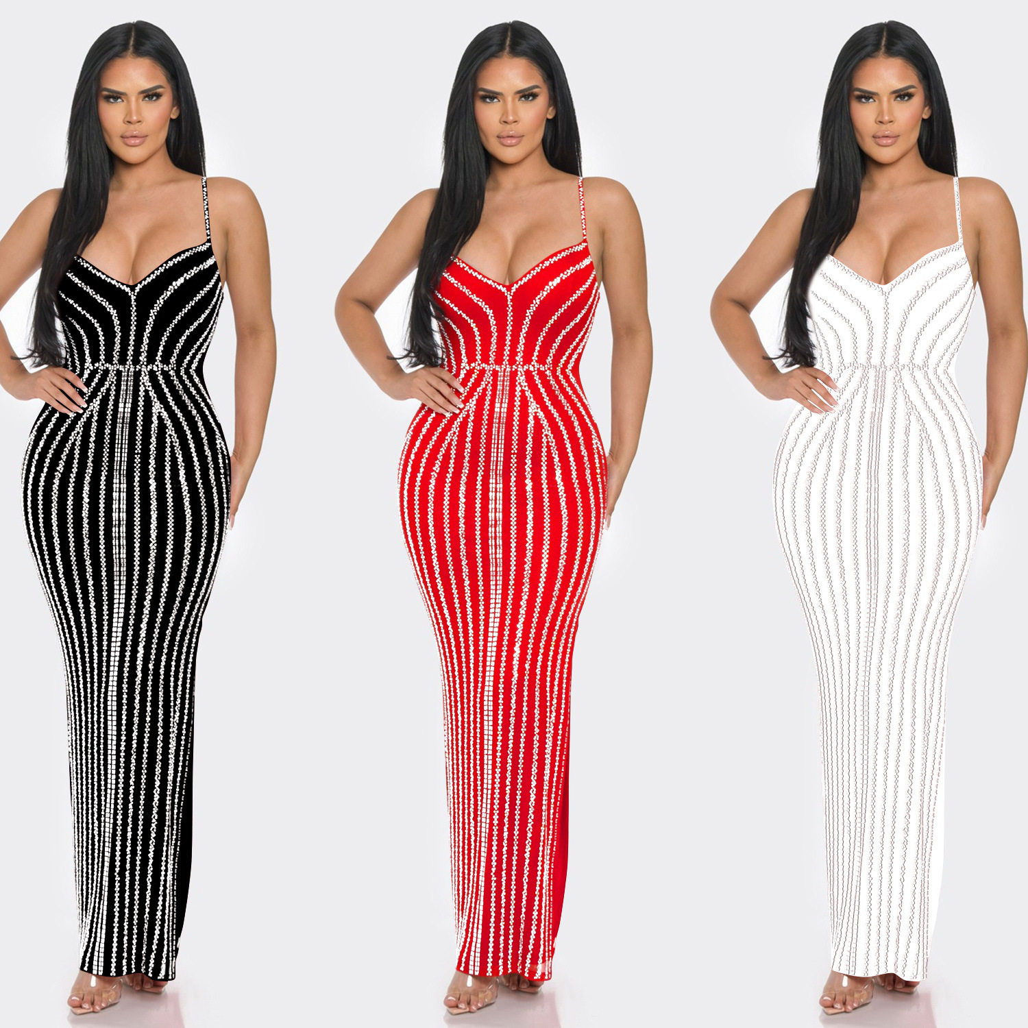 Women Solid Color Chest Wrapping Hot Diamond Strap LongDress