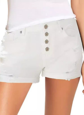 Women's stretch slim fit ripped denim shorts女四粒扣牛仔短裤