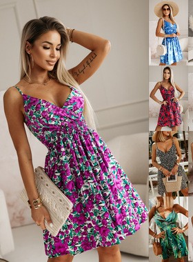 Women's V-neck floral suspender dressV领碎花吊带收腰连衣裙女