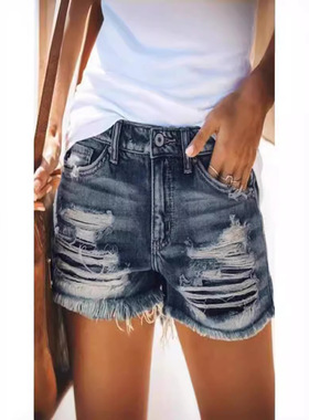 Women's high waisted tassel ripped denim shorts女腰牛仔短裤