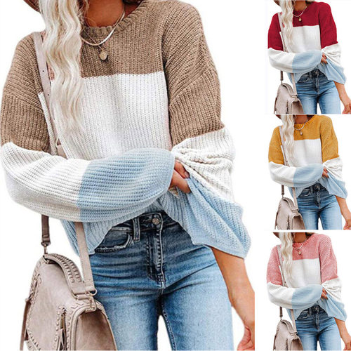 Autumn and winter women's contrasting lantern sleeve sweater