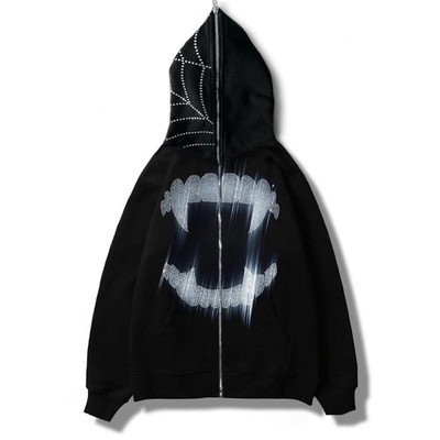 Black printed fleece hoodie for men and women, hooded jacket