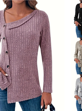 Women's Fall/Winter Loose T - Shirt – Asym Neck, Buttons