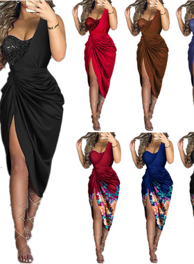 Ladies' one shoulder sexy evening gown with slit skirt