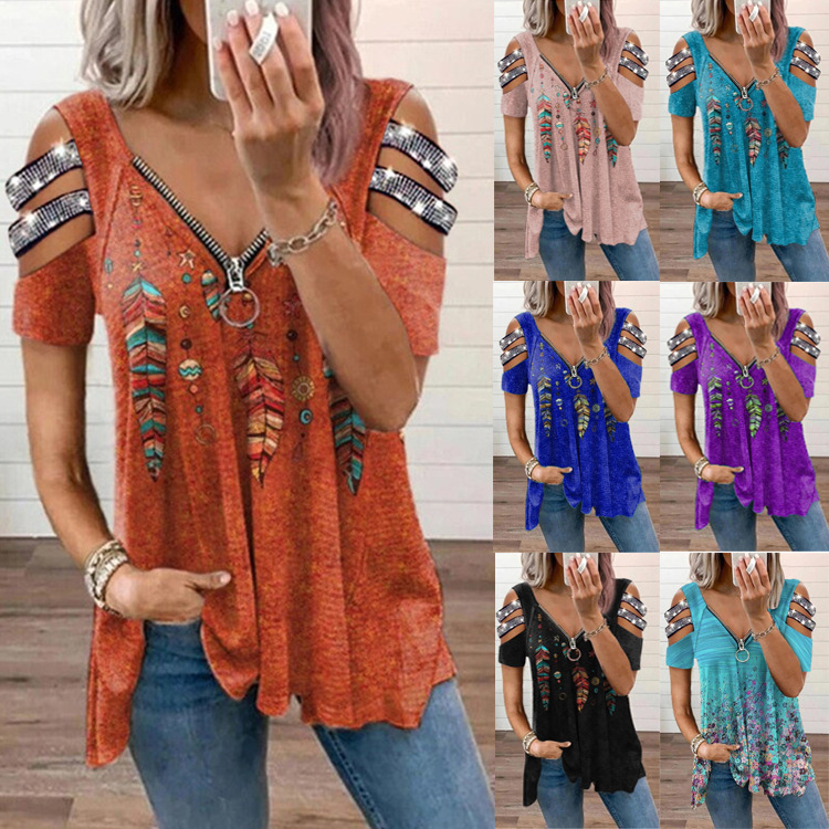 Women's V-neck pullover printed short sleeved shirt女V领短袖