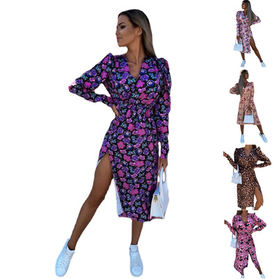 Women printed long sleeved V-neck waist cinched dress连衣裙