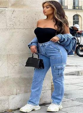 Women's workwear, multi pocket wide leg pants, jeans牛仔裤女