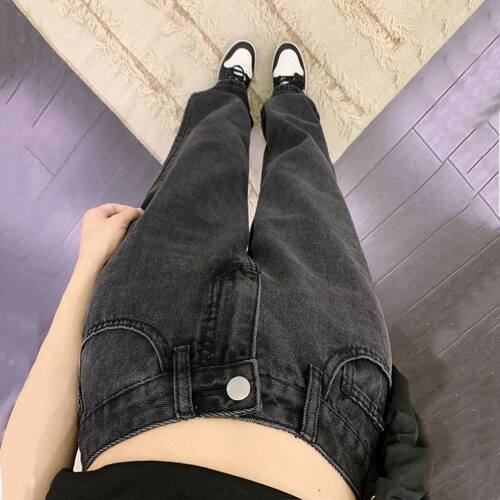 Straight leg high waist wide leg jeans for women黑灰牛仔裤女