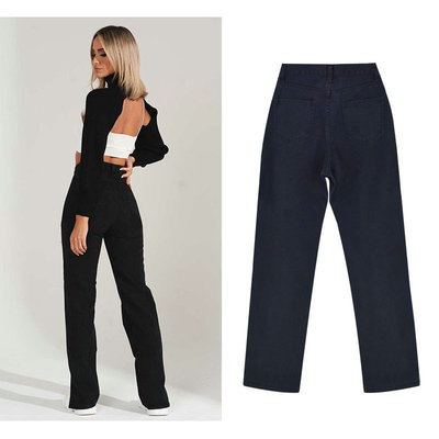 Women's straight leg ripped jeans直筒裤女式牛仔裤开叉裤条