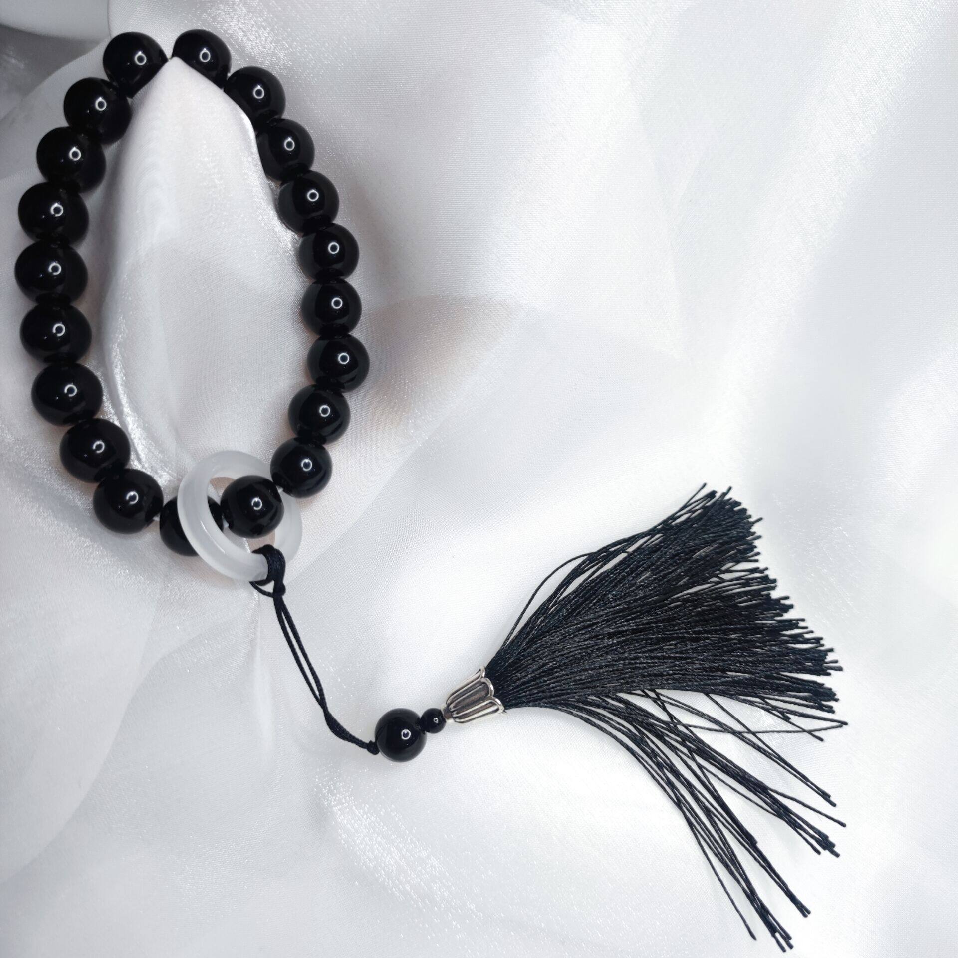 新品原创炫黑琉璃石纯黑流苏手持手链手串文玩复古文艺男女同款