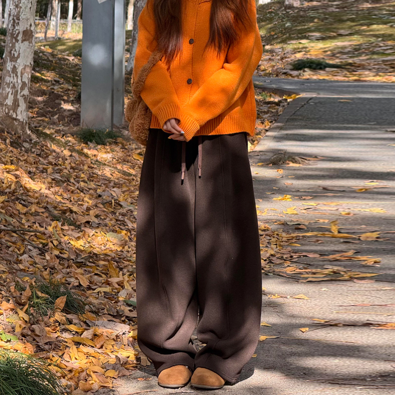 咖色加绒糯米阔腿裤女秋冬季