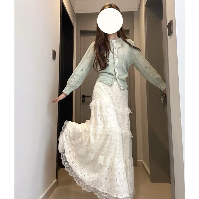 白色蕾丝半身裙女春秋2026年高腰宽松中长款a字蛋糕裙蓬蓬镂空裙