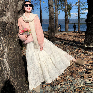 白色温柔风半身裙女秋冬季新款重工提花蕾丝加绒加厚蓬蓬蛋糕长裙