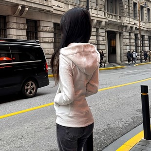 白灰色连帽卫衣外套女春秋季2025新款小个子美式修身长袖拉链开衫