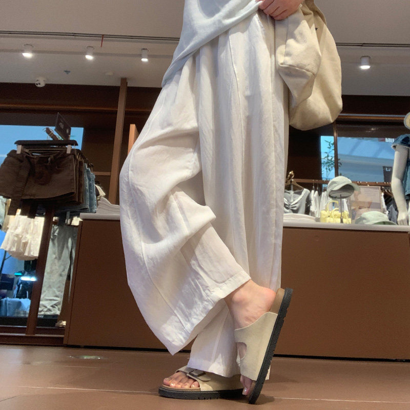 白色气球亚麻阔腿裤女夏季薄款高腰宽松慵懒休闲小个子棉麻弯刀裤 - 实物图