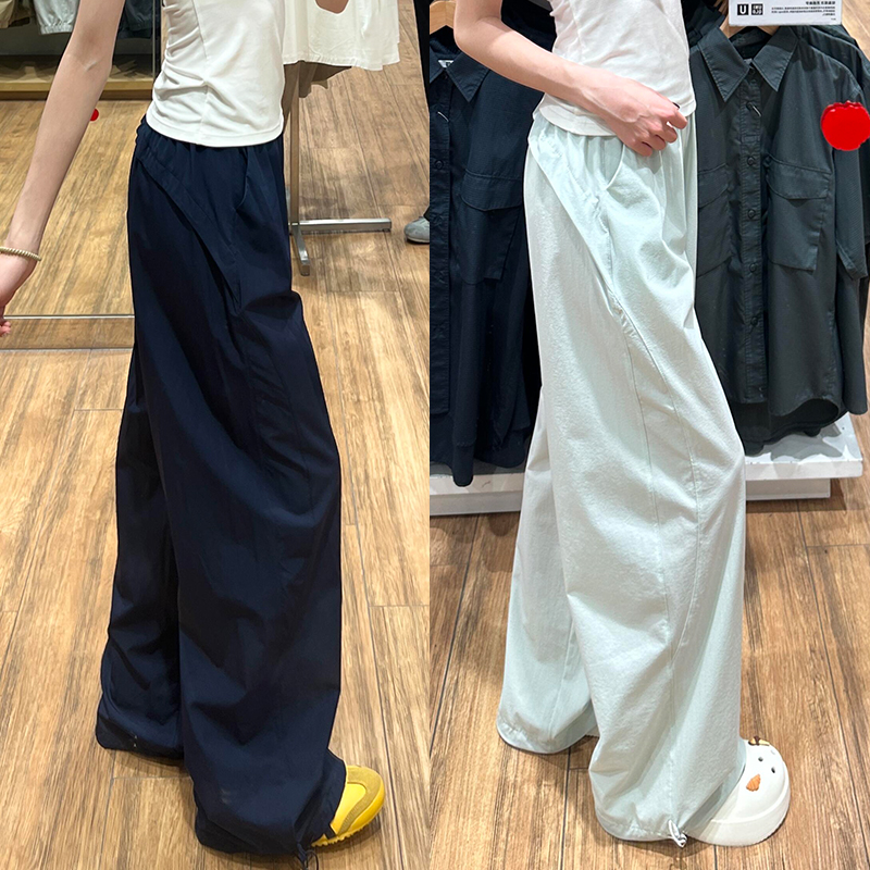 蓝色工装裤女夏季薄款2025新款高腰速干小个子休闲宽松直筒阔腿裤