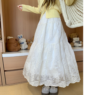 白色蕾丝提花半身裙女秋冬加绒2025新款高腰显瘦中长款蓬蓬蛋糕裙