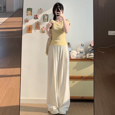 白色阔腿裤女夏季薄款2026新款高腰垂感肌理小个子奶芙冰丝山本裤