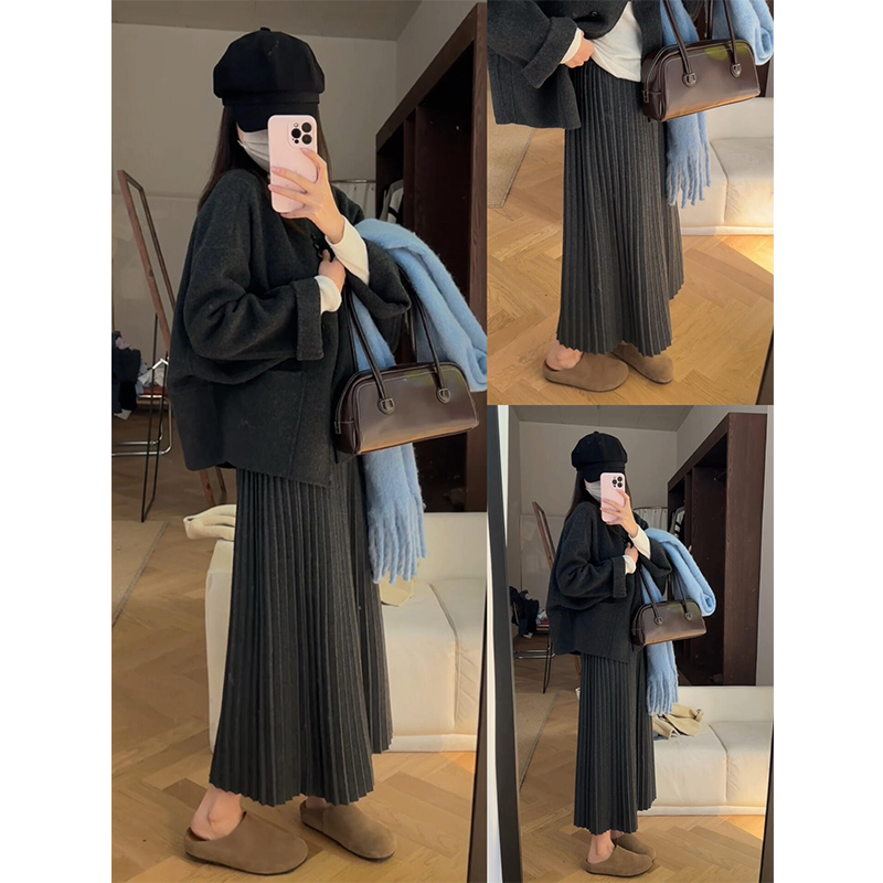 灰色针织百褶裙女春秋2025新款高腰韩系百搭秋冬毛呢中长款半身裙