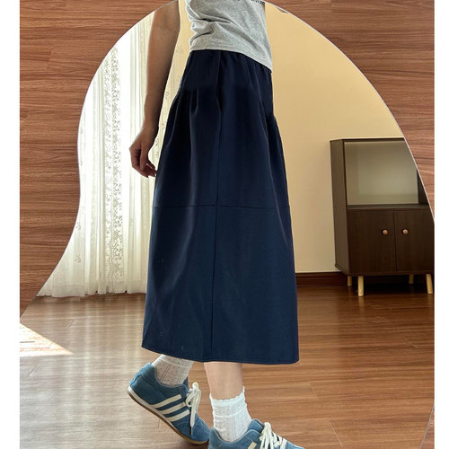 藏青高腰显瘦A字工装半身裙