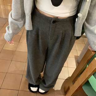 小个子高腰直筒休闲阔腿裤 深灰色毛呢糯米西装 2025新款 女秋冬季 裤