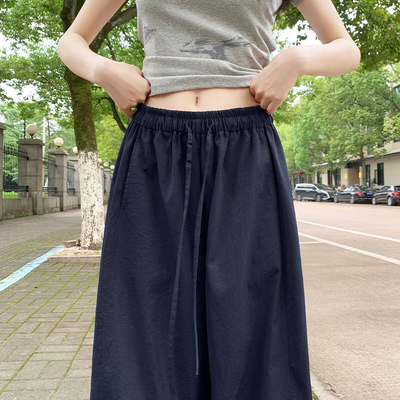 抽绳阔腿裤女夏季薄款2026新款宽松运动直筒速干藏青色防晒弯刀裤