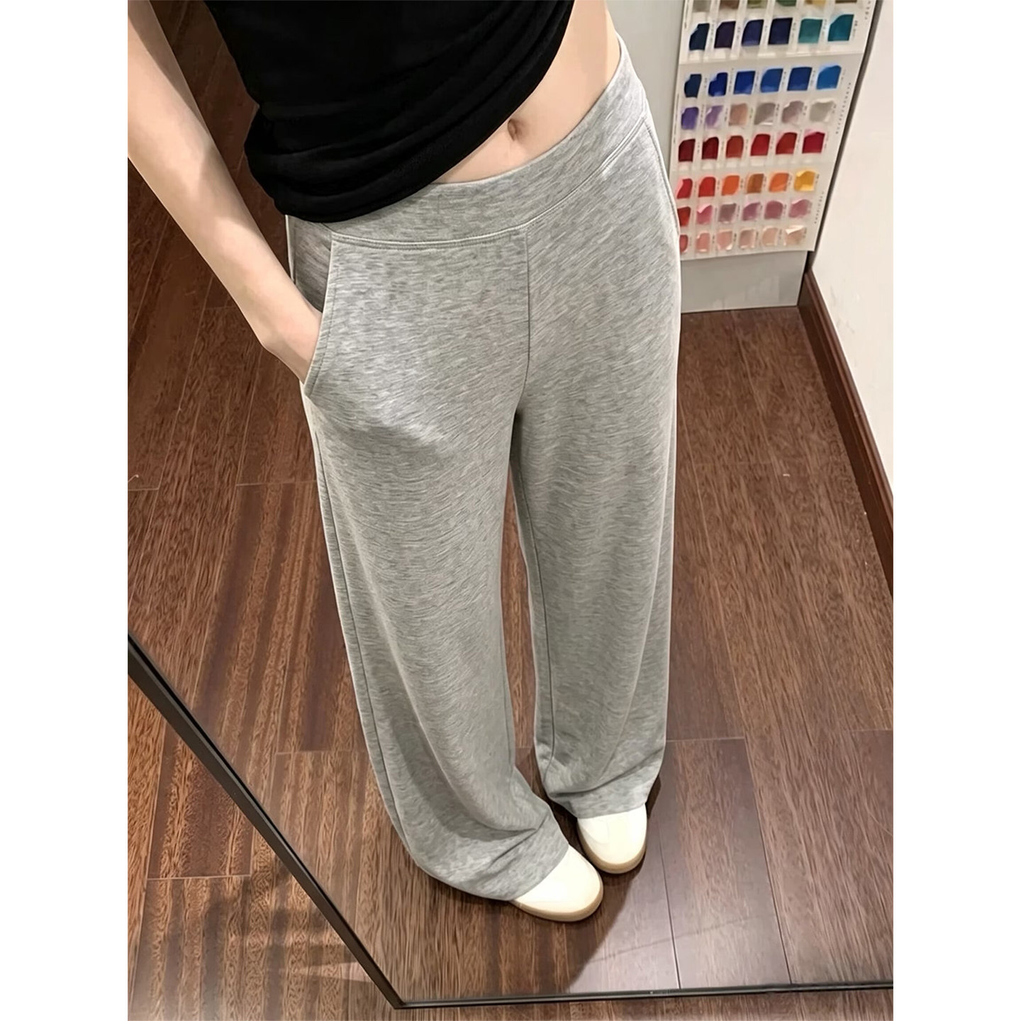 浅灰色美式运动裤女春秋季显瘦宽松休闲阔腿裤小个子直筒垂感长裤