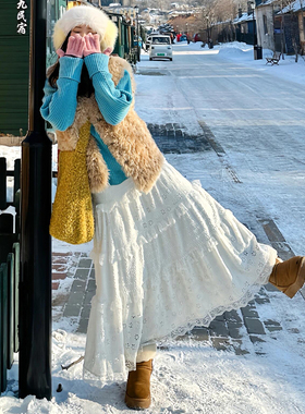 白色蕾丝半身裙女春秋冬2026新款高腰a字伞裙小个子中长款蛋糕裙