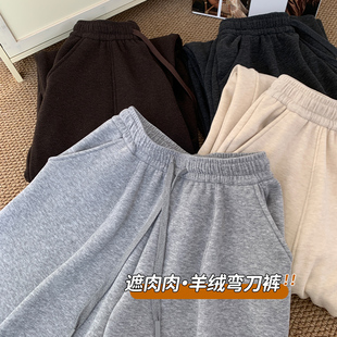 高腰显瘦宽松休闲阔腿裤 浅灰色羊绒弯刀糯米裤 女秋冬加绒2025新款