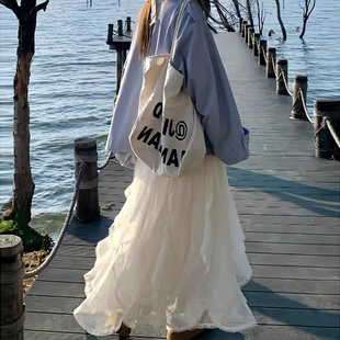 白色蕾丝半身裙女春秋夏高腰纱裙a字显瘦宽松花边不规则仙女长裙