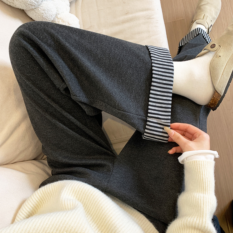 深灰色条纹翻边毛呢阔腿裤女