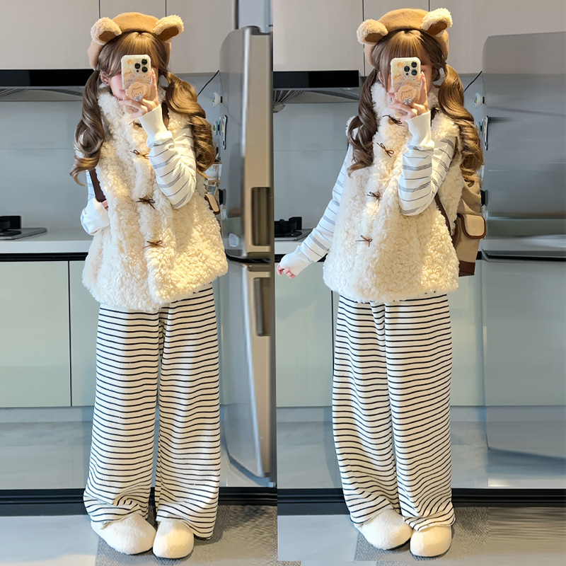 白色条纹毛巾裤女秋冬季2025新款