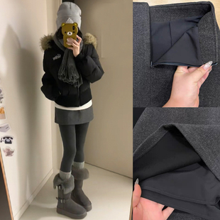 灰色毛呢短裙女春秋冬2025新款高腰显瘦加绒小个子a字包臀半身裙