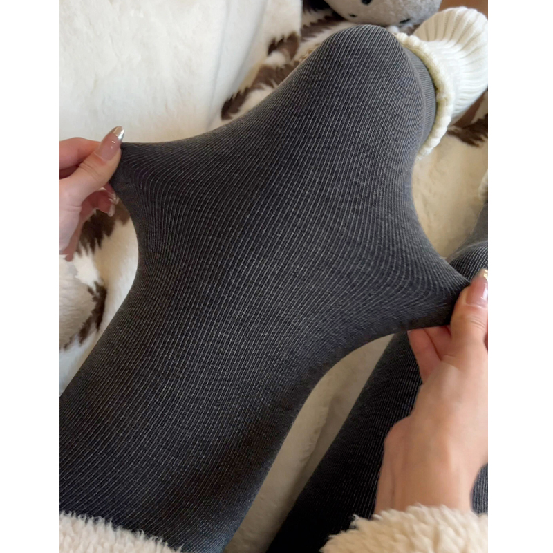 灰色螺纹打底裤女秋冬2025新款高腰显瘦外穿加绒加厚紧身连脚裤袜