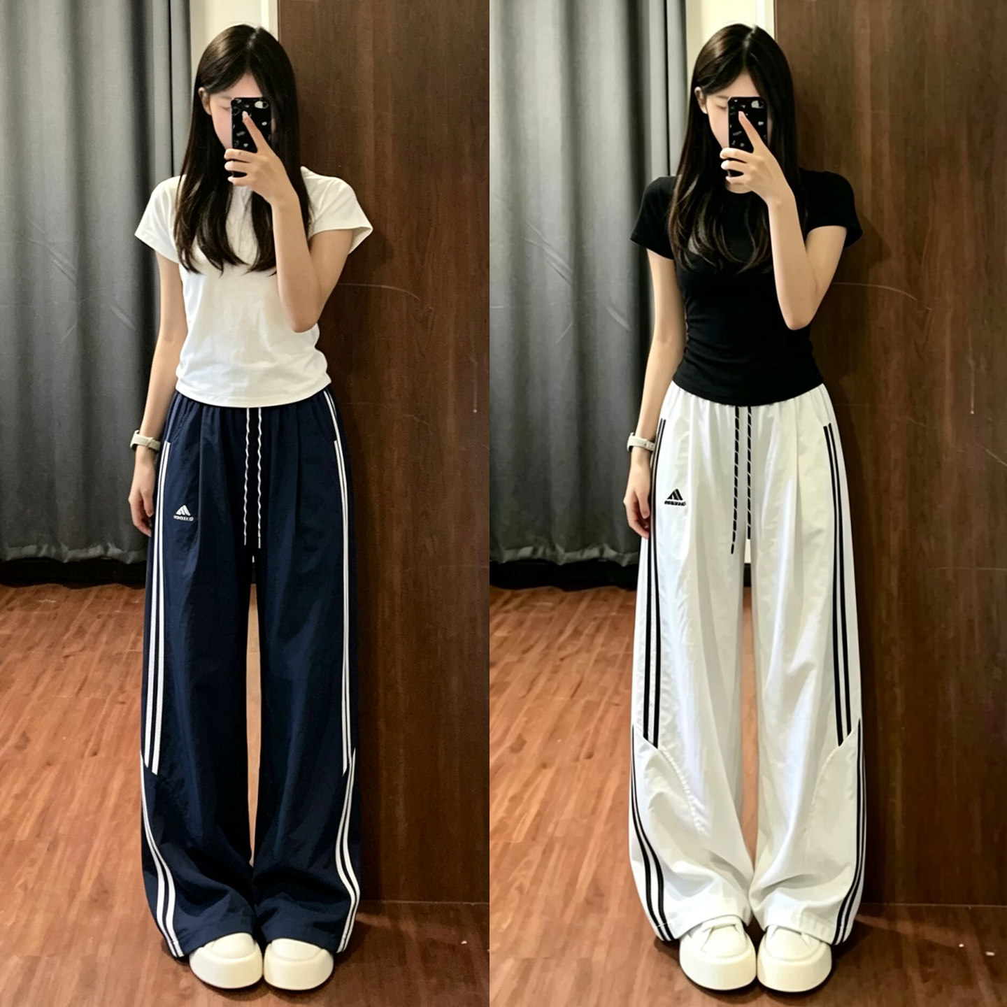 藏青色刺绣条纹工装裤女夏季薄款图片